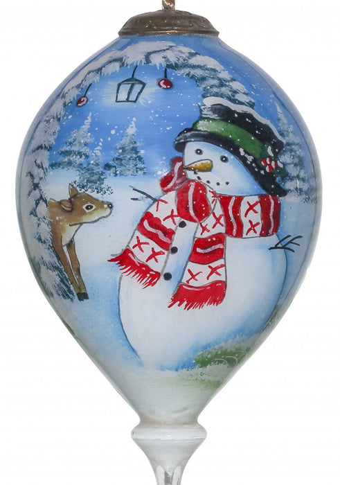 Adorable Snowman And Deer Hand Painted Mouth Blown Glass Ornament