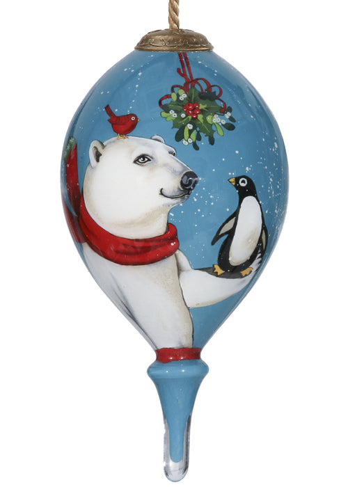 Snowy Polar Bear And Penguin Hand Painted Mouth Blown Glass Ornament