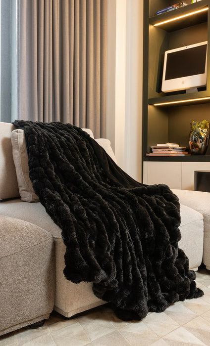 Chunky Sectioned Throw Blanket - Black - Faux Fur