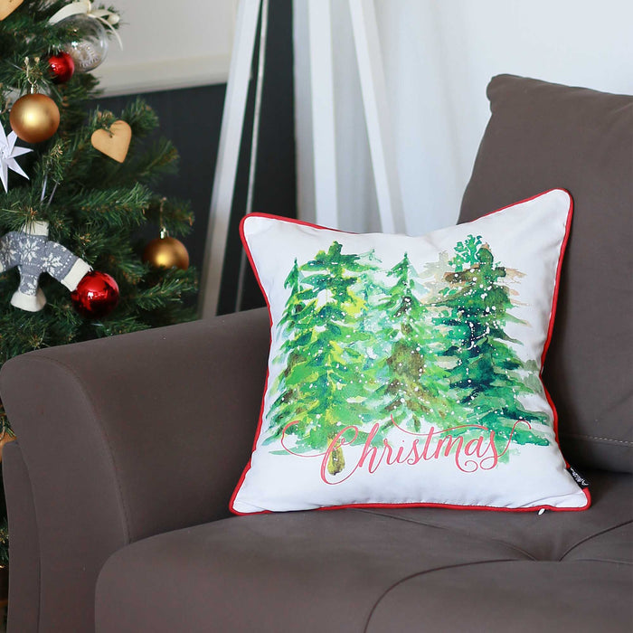 Christmas Tree Forrest Square Printed Decorative Throw Pillow Cover - Green And White