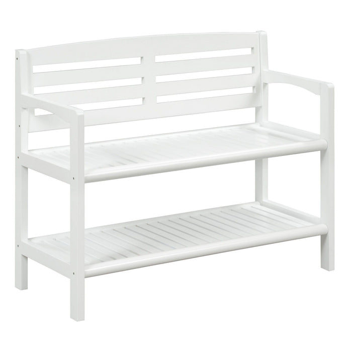 Slat Bench With High Back And Shelf - White Finish