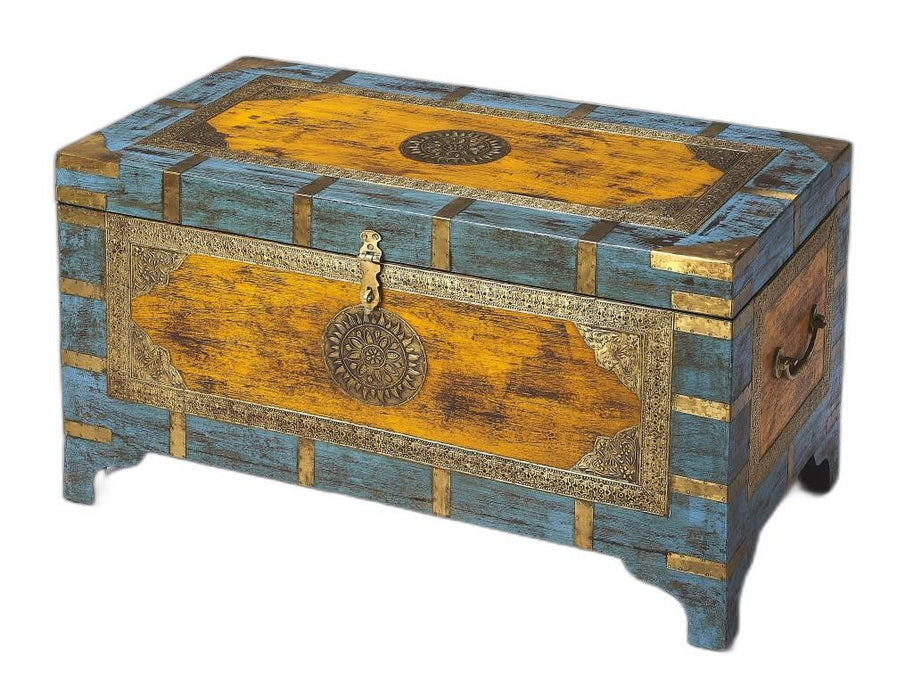 Storage Trunk Hand Painted With Brass Inlay - Blue