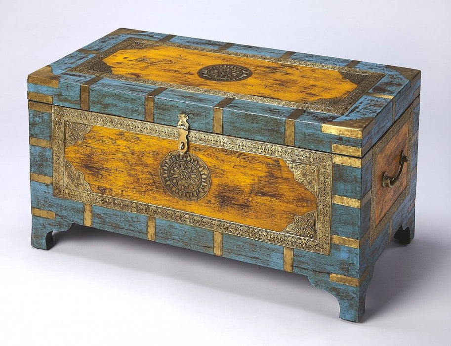 Storage Trunk Hand Painted With Brass Inlay - Blue