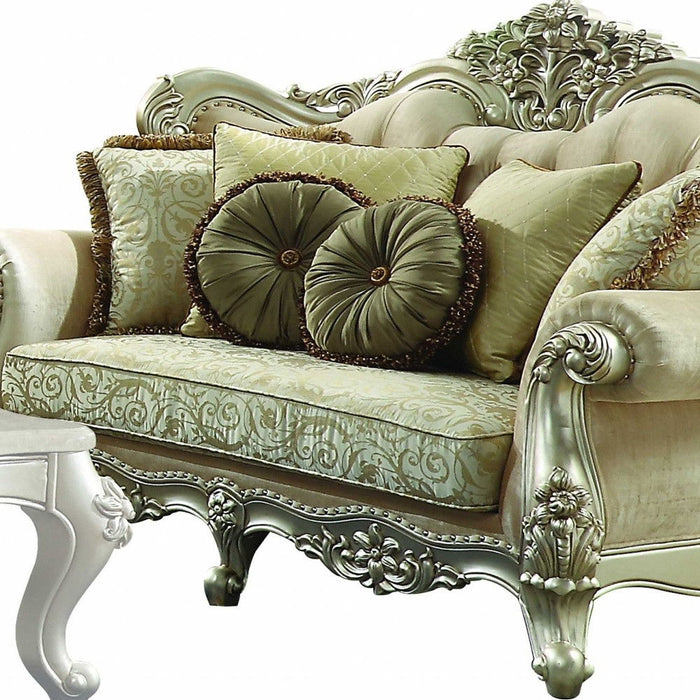 Polyester Blend Damask Chesterfield Loveseat And Toss Pillows - Green / Light Green