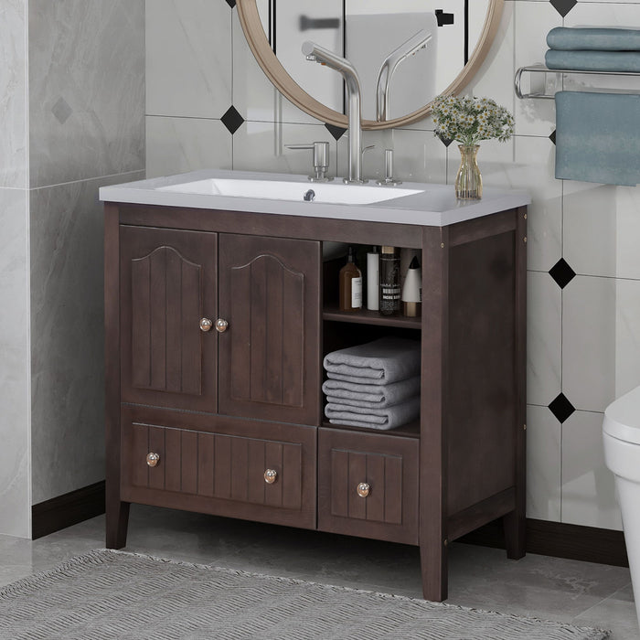 Bathroom Vanity With Ceramic Basin, Bathroom Storage Cabinet With Two Doors And Drawers, Solid Frame, Metal Handles