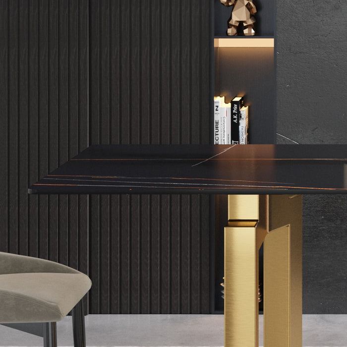 70.87" Modern Artificial Stone Black Straight Edge Golden Metal Leg Dining Table, Can Accommodate 6-8 People - Black / Gold