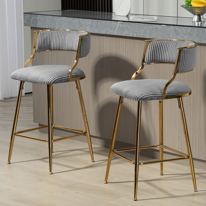 Counter Height Bar Stools, Corduroy Kitchen Island Counter Bar Stools With Back, Golden Chromed Base And Footrest (Set of 2) - Gray