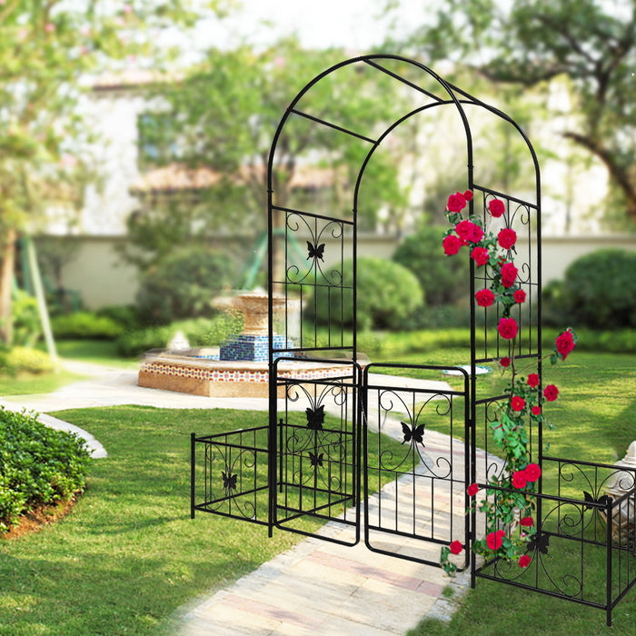 Metal Garden Arch With Gate High Climbing Plants Support Rose Arch Outdoor - Black