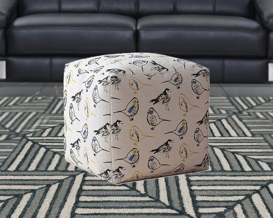 Canvas Birds Pouf Cover - Yellow / White