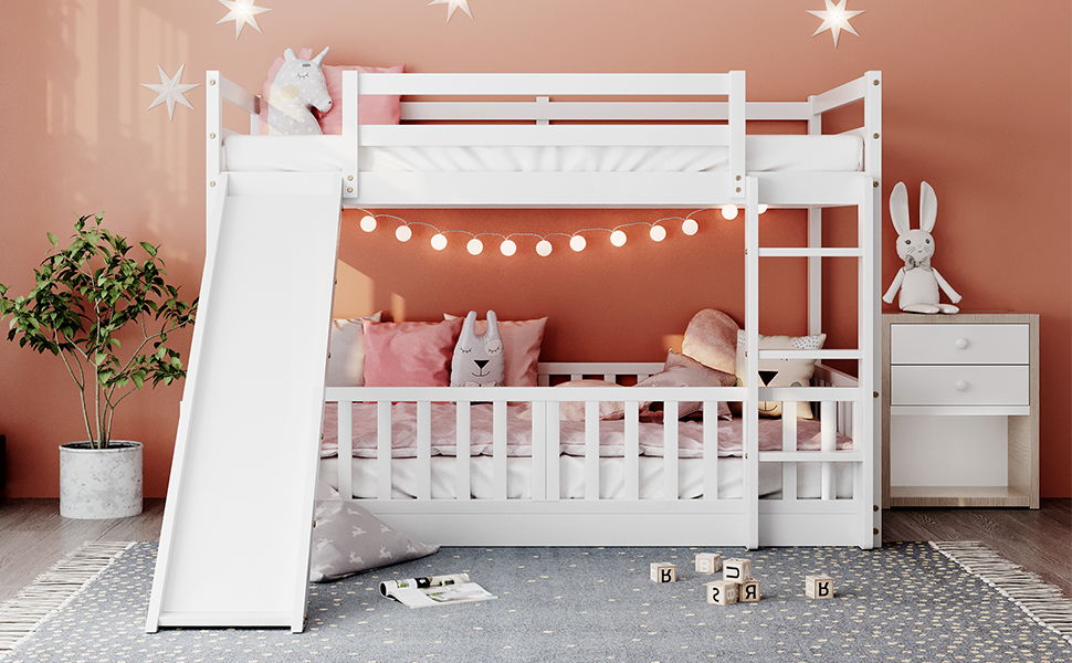 Twin Over Twin Bunk Bed With Slide And Ladder - White