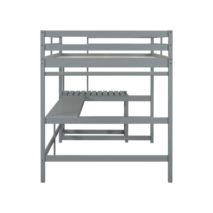 Full Loft Bed With Built-In Desk, Ladder Platform, Ladders, Guardrails - Gray