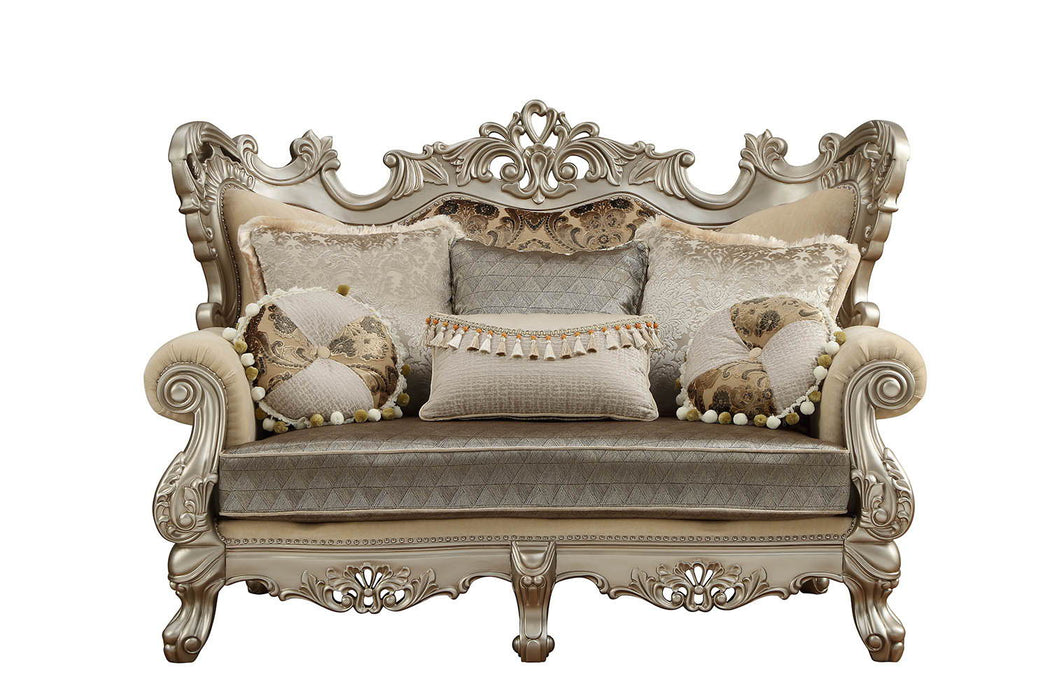 Damask Chesterfield Loveseat And Toss Pillows - Cream / Platinum