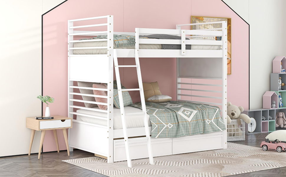 Twin Over Twin Wood Bunk Bed With Two Drawers - White