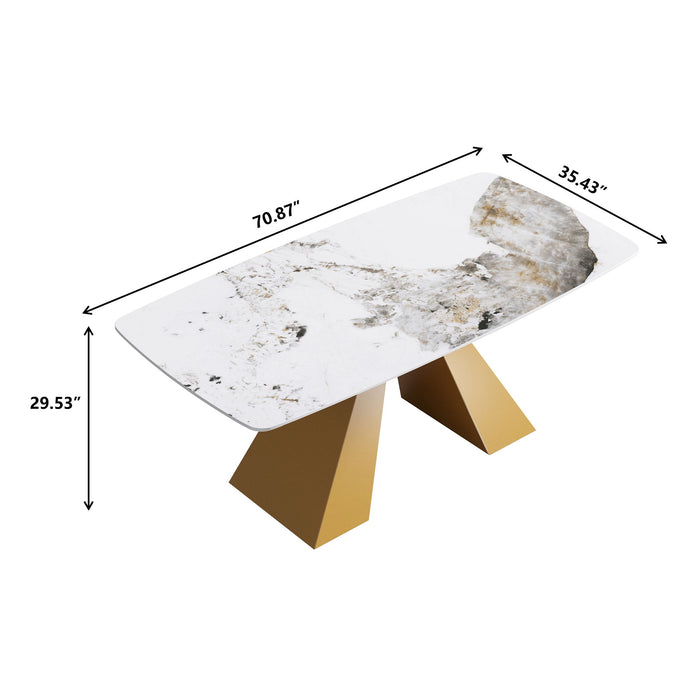 70.87" Modern Artificial Stone Pandora White Curved Metal Leg Dining Table, Can Accommodate 6-8 People - Antique White / Gold