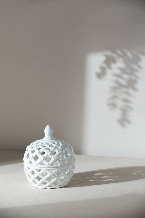 Ceramic Lidded Jar With Lattice Design - White