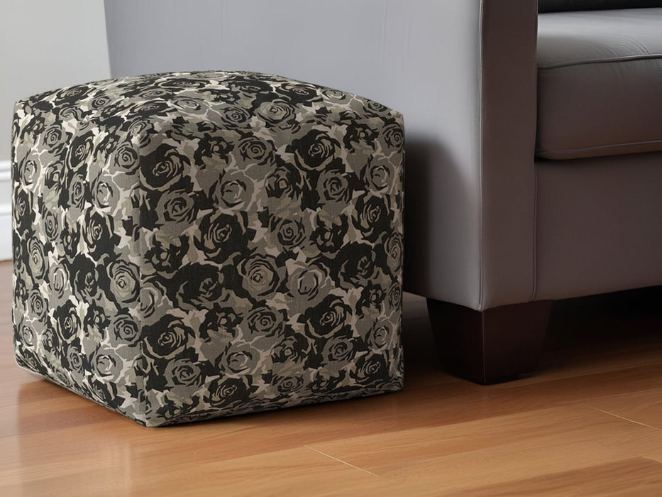 Canvas Floral Pouf Ottoman - Beige