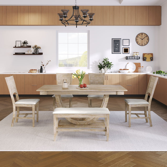 Topmax - 6 Piece Wood Half Round Dining Table Set Kitchen Table Set With Long Bench And 4 Dining Chairs, Modern Style