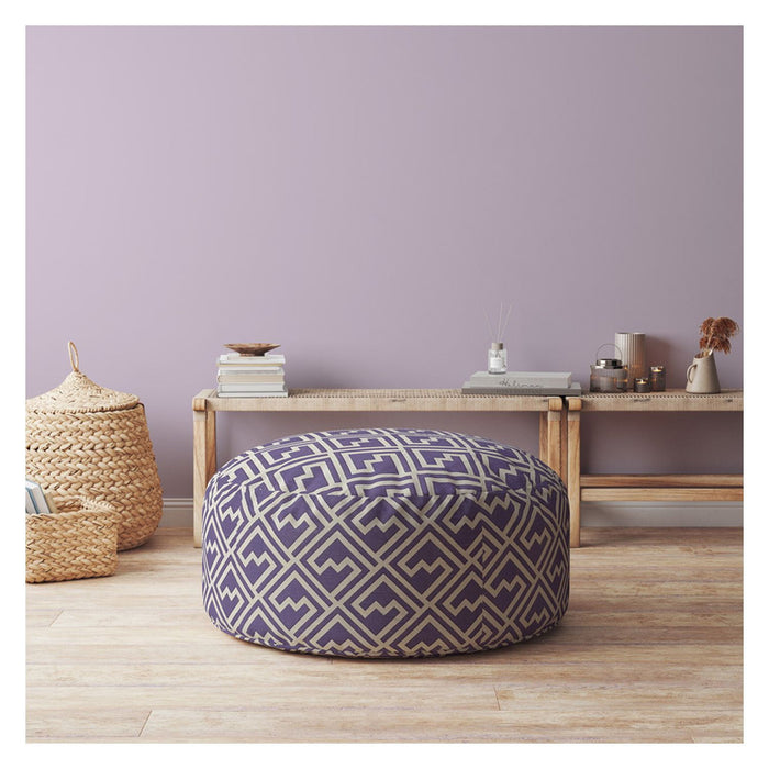 Cotton Round Damask Pouf Ottoman - Purple / White