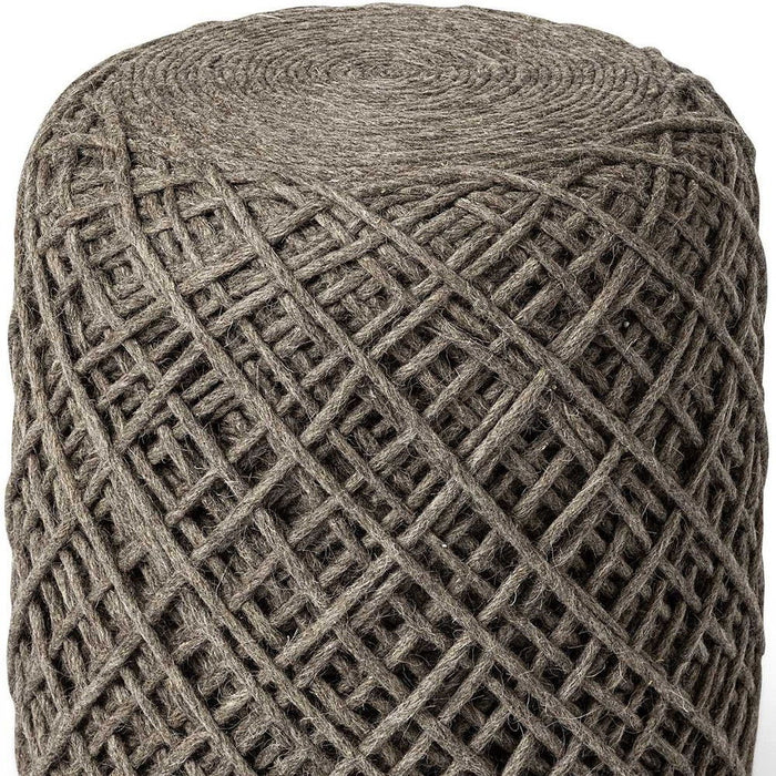 Wool Cylindrical Pouf With Diamond Pattern - Brown