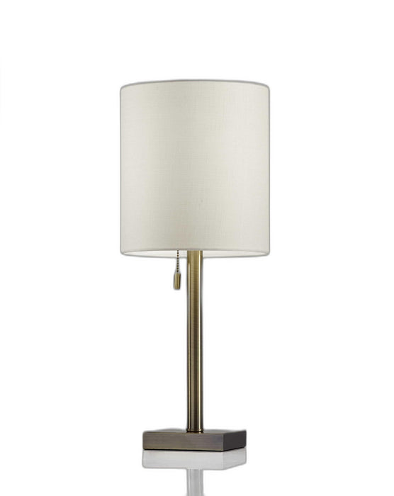 Antiqued Brass Metal Cylinder Table Lamp With Off Drum Shade - White