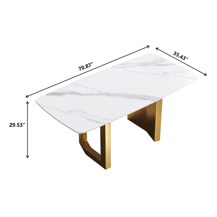 70.87" Modern Artificial Stone White Curved Metal Leg Dining Table - White / Gold