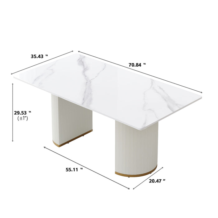 70.84" Modern Artificial Stone Panel PU Plywood Legs, Can Accommodate 6-8 People - White / Beige