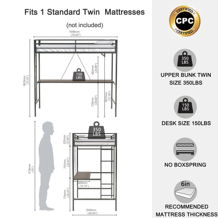 Adam - Twin Loft Bunk Bed With Cinnamon Wood Desk And Closet Rod - Black