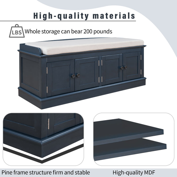 Storage Bench With 4 Doors And Adjustable Shelves, Shoe Bench With Removable Cushion For Living Room, Entryway