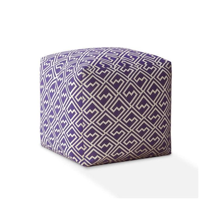 Cotton Damask Pouf Ottoman - Purple / White