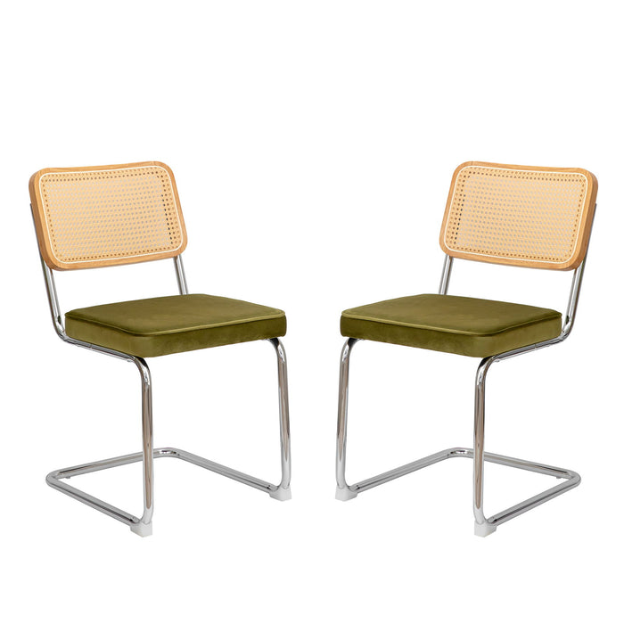 Dining Chairs (Set of 2), Velvet Rattan Side Accent Chairs With Chrome Legs, Modern Mid-Century Breuer Designed Chairs, Upholstered Dining Living Room Kitchen Chairs