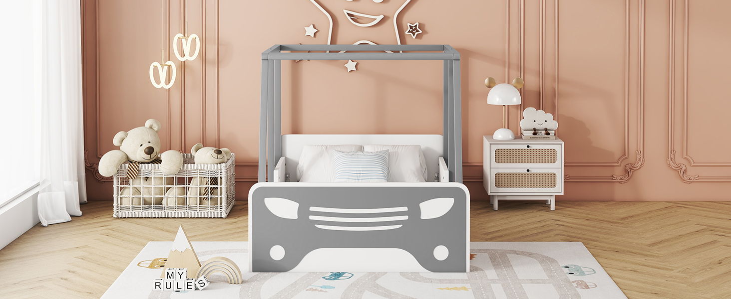 Twin Size Car-Shaped Bed With Roof, Wooden Twin Floor Bed With Wheels And Door Design, Montessori Inspired Bedroom