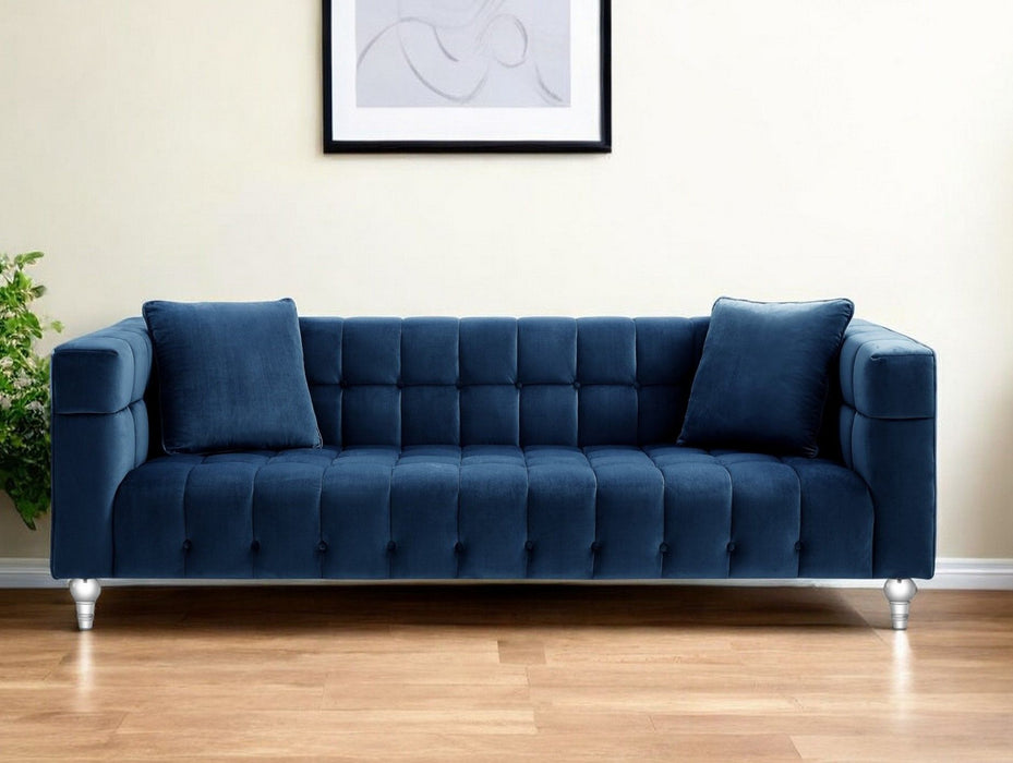 Velvet Sofa And Toss Pillows With Clear Legs - Navy Blue