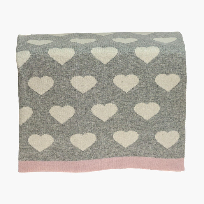 Hearts Knitted Baby Blanket - Gray And Ivory