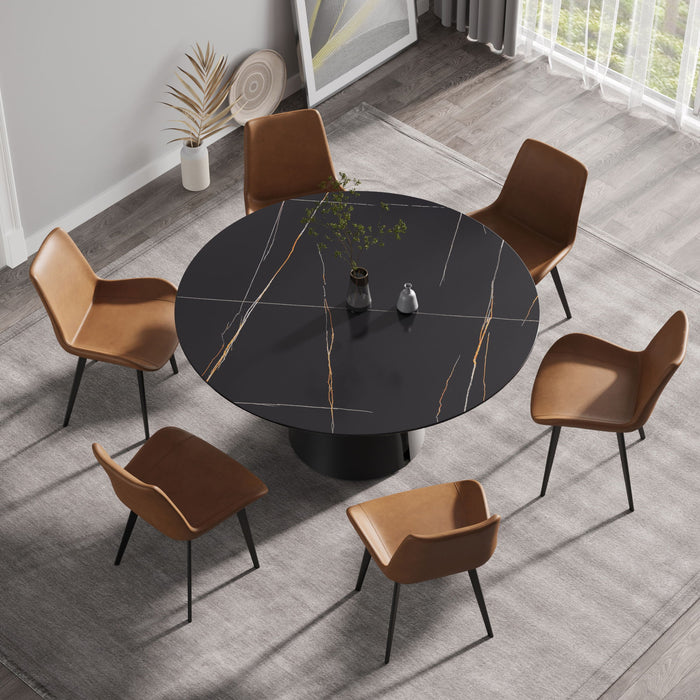 Modern Artificial Stone Round Carbon Steel Base Dining Table, Can Accommodate 6 People - Black / Gold