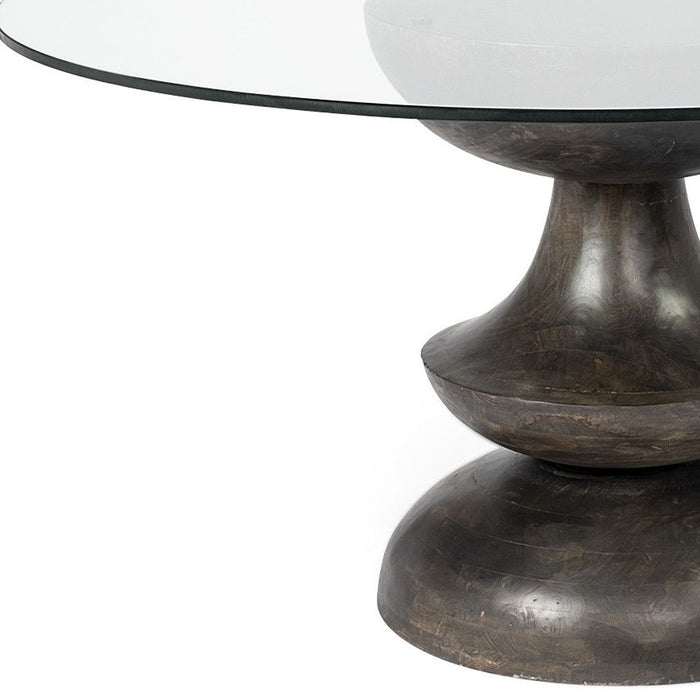 Round Glass Top Wood With Pedestal Base Dining Table - Brown