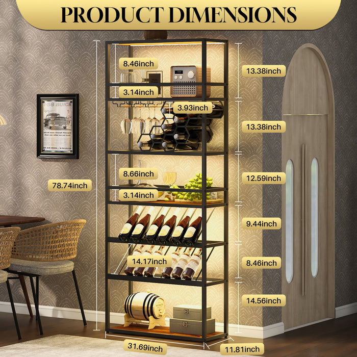 LED Tall Wine Rack Freestanding Floor, 7 Tier Wine Baker Rack With Glass Holder & Wine Storage, Industrial Wine Display Shelf Wine Bar Cabinet For Bar, Kitchen, Dining Room