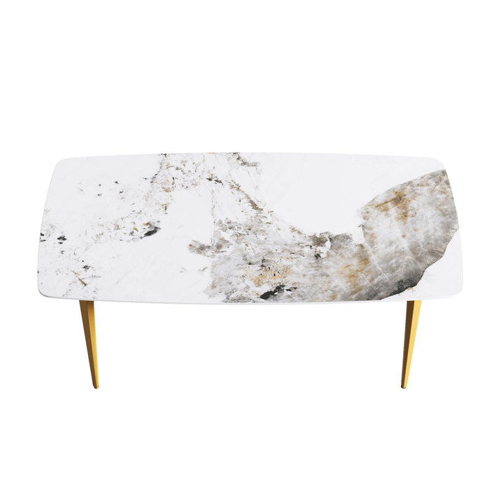 70.87" Modern Artificial Stone Pandora White Curved Golden Metal Leg Dining Table, Can Accommodate 6-8 People - Antique White