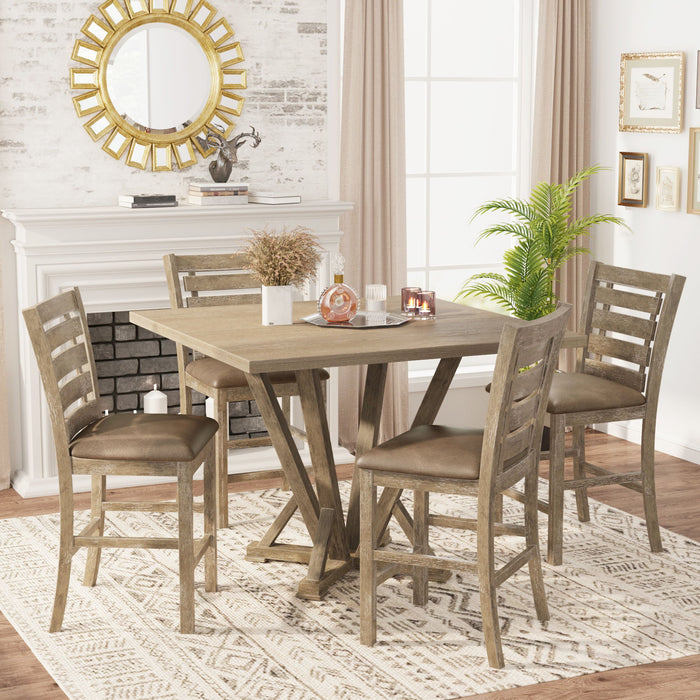 5 Pieces Dining Set, Square Counter Table Modern Farmhouse Rustic - Distressed Brown