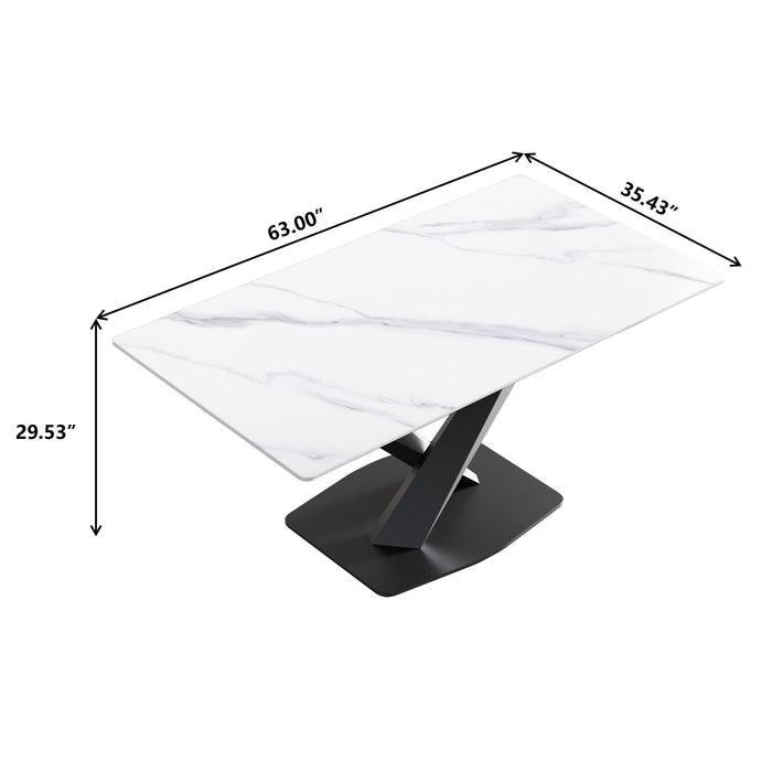 63" Modern Artificial Stone Straight Edge Metal X-Leg Dining Table, 6 People - White / Black