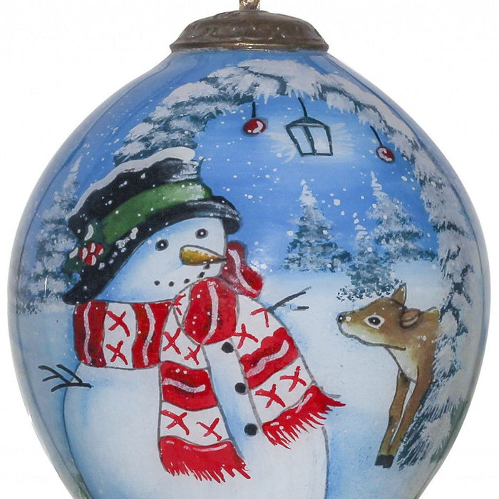 Adorable Snowman And Deer Hand Painted Mouth Blown Glass Ornament