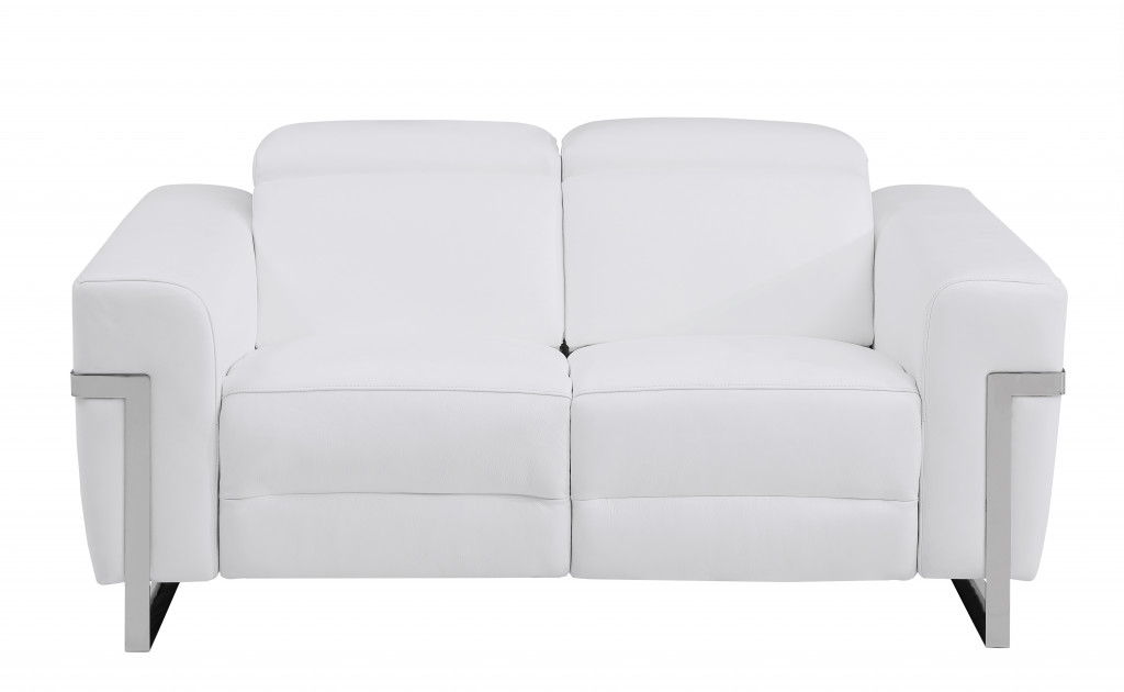 Italian Leather Power Reclining Loveseat - White / Silver