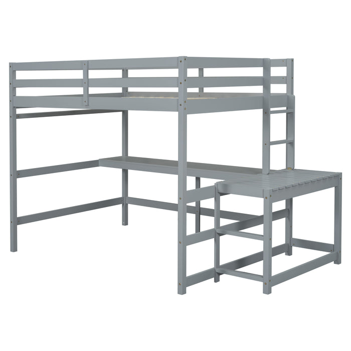 Full Loft Bed With Built-In Desk, Ladder Platform, Ladders, Guardrails - Gray