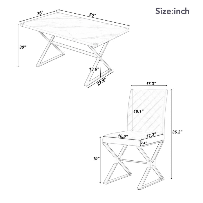 7 Piece Modern Dining Table Set, Rectangular Marble Texture Kitchen Table And 6 Chairs With X-Shaped Gold Steel Pipe Legs For Dining Room - White