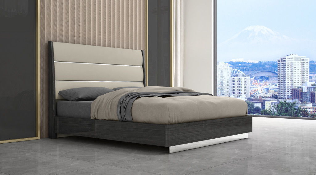 King High Gloss Bed Frame with Faux Leather Headboard - Dark Gray