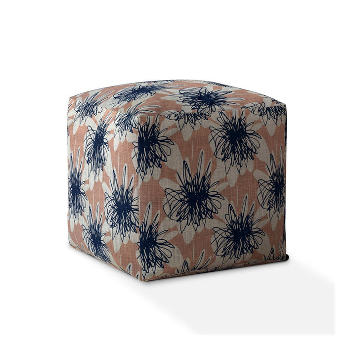 Canvas Floral Pouf Ottoman - Pink / Blue