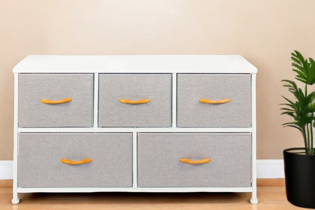 Steel And Fabric Five Drawer Dresser - White / Gray