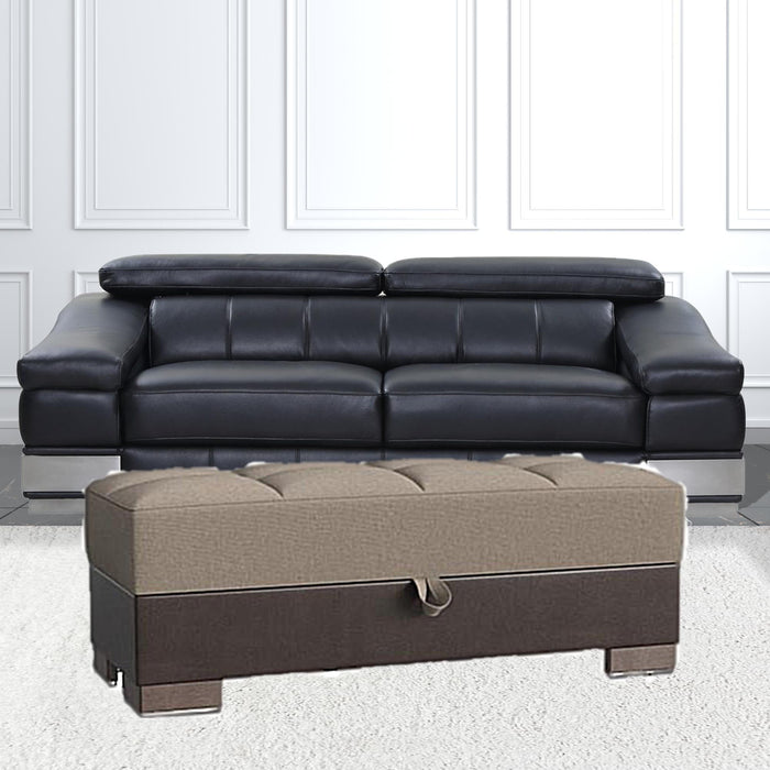 Chenille Faux Leather Tufted Storage Ottoman - Beige / Brown