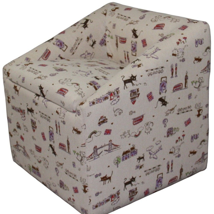 Modern Whimsical Cats In London Cubed Accent Storage Chair - Beige