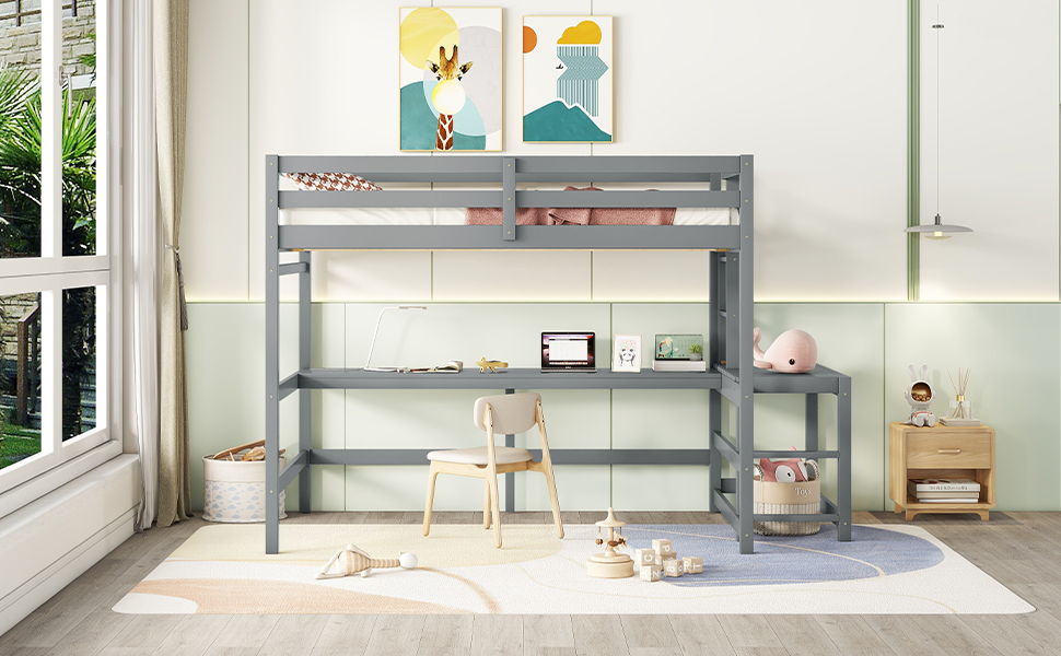 Full Loft Bed With Built-In Desk, Ladder Platform, Ladders, Guardrails - Gray