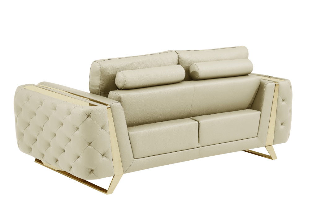 Genuine Leather Loveseat - Beige / Gold